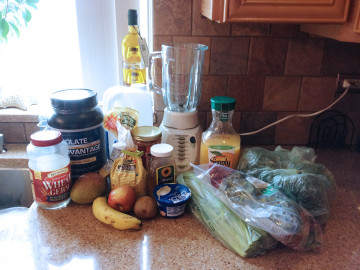 flaxseed meal, wheat germ, kale, spinach, chia seeds, orange, banana, greek yogurt, protein powder, celery, apple.
